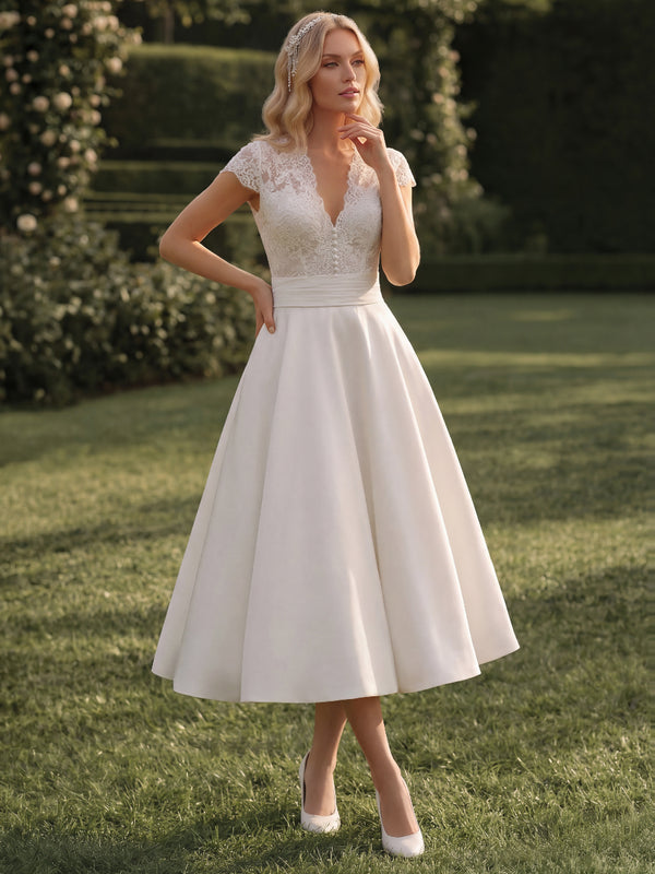 A-Line/Princess Wedding Dresses V-Neck Short Sleeves Tea Length Satin Dresses With Lace/Pleats/Back Zipper
