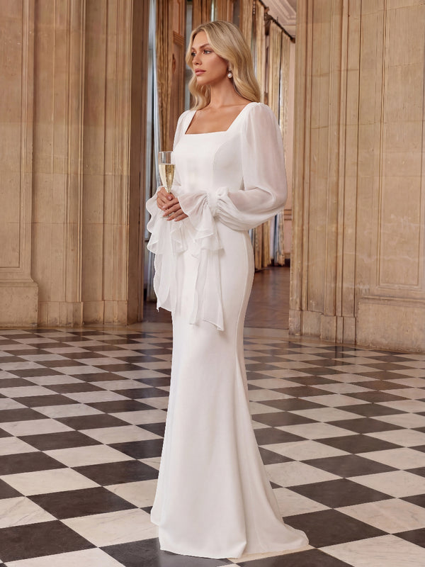 Sheath/Column Wedding Dresses Square Neck Long Lantern Sleeves Floor Length Satin Dresses With Ruffles/Back Zipper