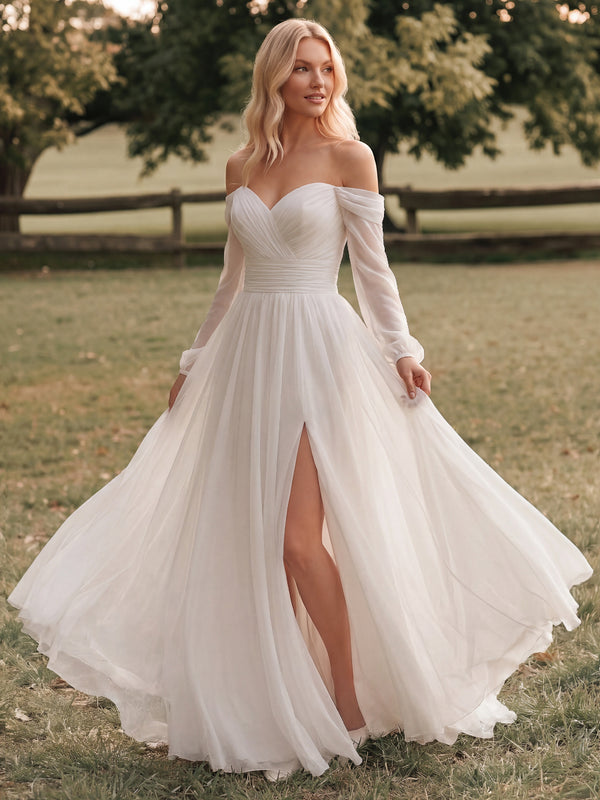 A-Line/Princess Wedding Dresses Off-the-Shoulder Long Sleeves Floor Length Chiffon Dresses With Pleats/Front Split/Back Zipper