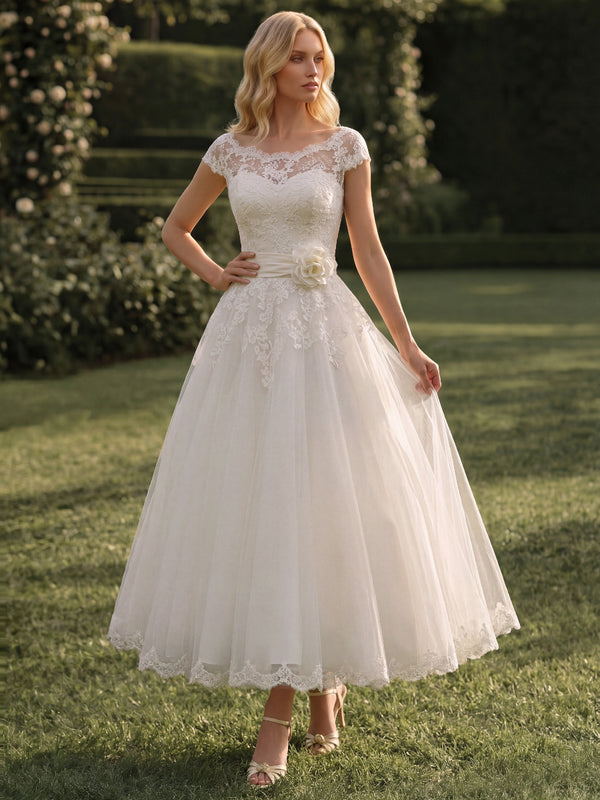 A-Line/Princess Wedding Dresses Scoop Neck Short Sleeves Tea Length Tulle Dresses With Floral/Lace/Pleats/Back Zipper