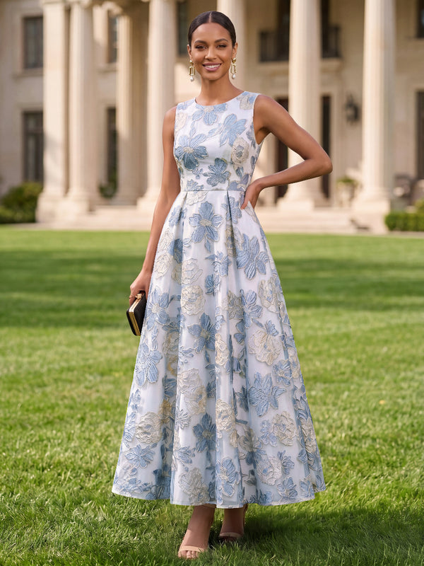 A-Line/Princess Mother of the Bride Dresses Jacquard Scoop Neck Sleeveless Ankle-Length Floral Dresses With Back Zipper