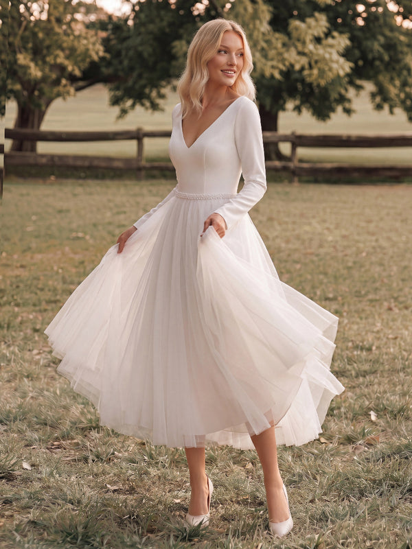 A-Line/Princess Wedding Dresses V-Neck Long Sleeves Tea Length Tulle/Satin Dresses With Pleats/Back Zipper