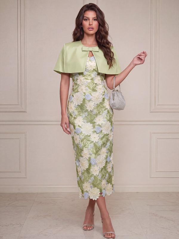 Sheath/Column Cocktail Dresses Floral Dresses Strapless Sleeveless Tea-Length Wedding Guest Dresses With Cape/Bow/Back Slit/Back Zipper
