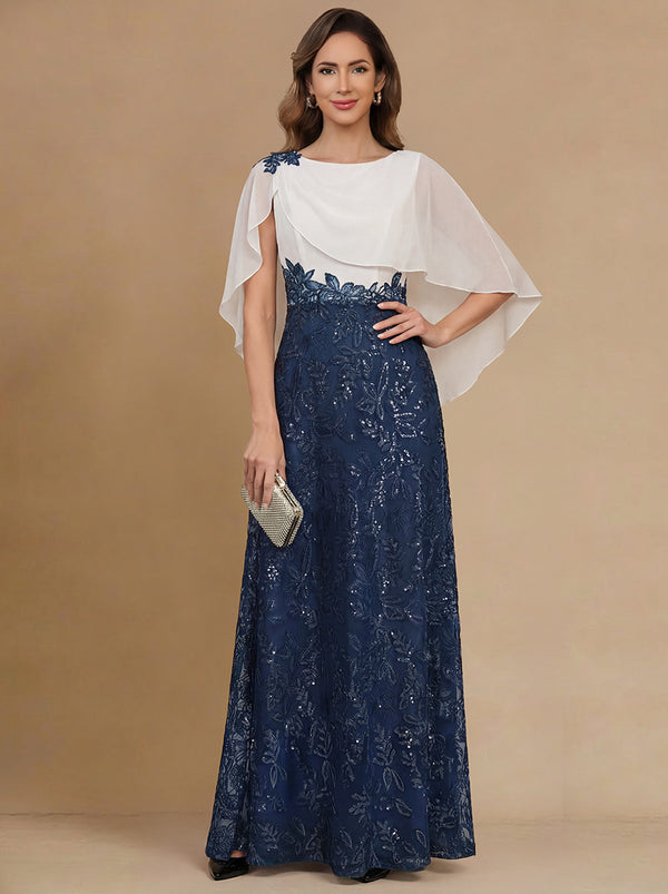 A-Line Mother of the Bride Dresses Scoop Neck Half Sleeves Floor-Length Elegant Formal Chiffon Dresses With Pleats/Lace Appliques