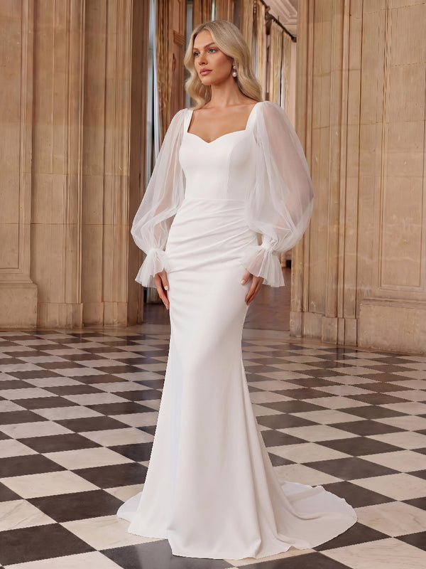 Sheath/Column Wedding Dresses V-Neck Detachable Long Lantern Sleeves Sweep Train Satin Dresses With Back Zipper