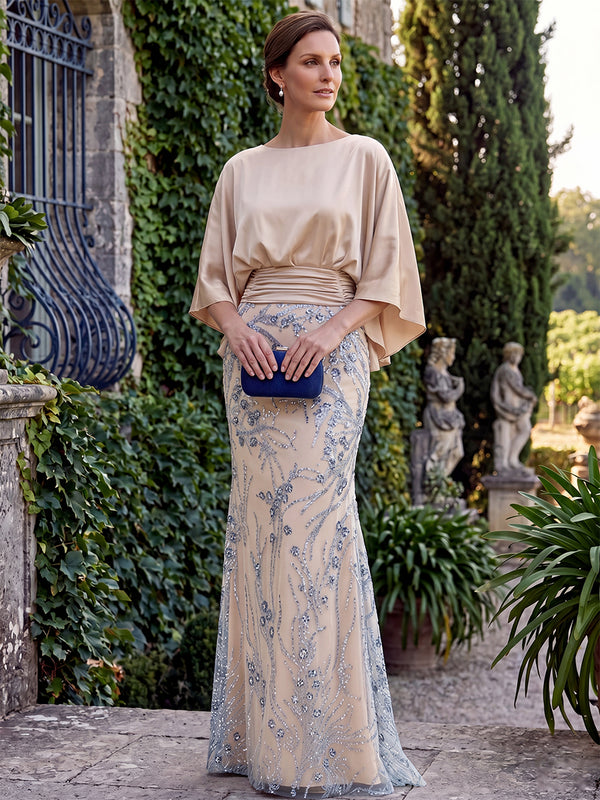 Sheath/Column Mother of the Bride Dresses Scoop Neck Half Sleeves Floor-Length Satin Floral Dresses With Sequin/Back Zipper