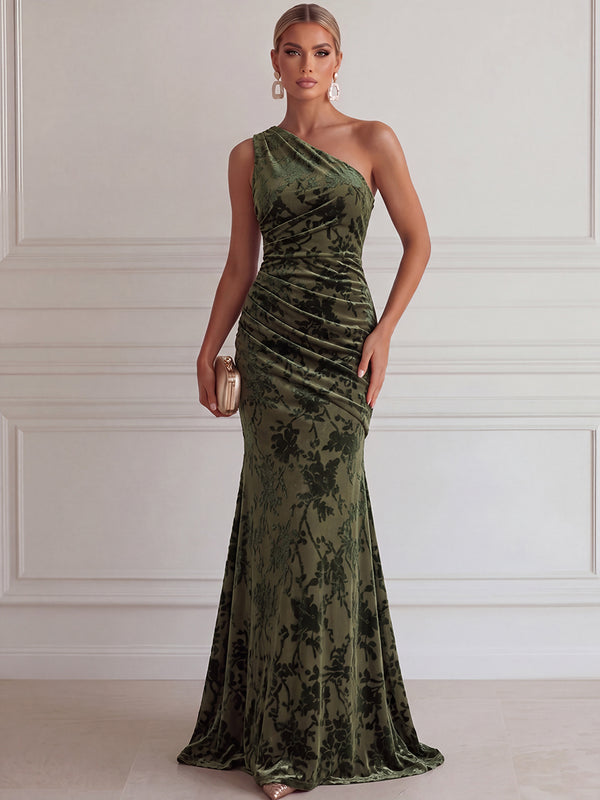 Sheath/Column Evening Dresses Velvet&Floral One-Shoulder Sleeveless Floor-Length Dresses with Pleats/Back Zipper