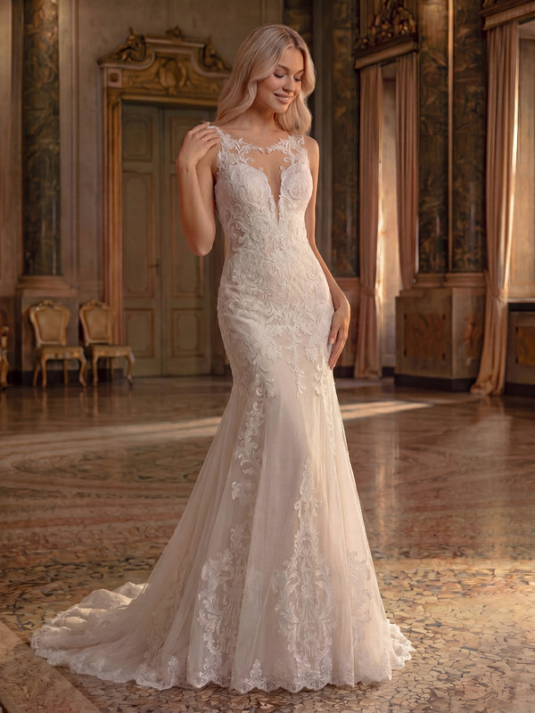 Trumpet/Mermaid Wedding Dresses Scoop Neck Sleeveless Sweep Train Tulle Dresses With Lace/Back Zipper