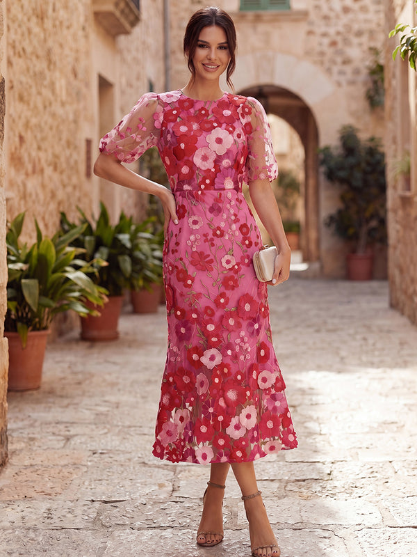 A-Line/Princess Cocktail Dresses Tulle Floral Dresses Scoop Neck Half Sleeves Tea-Length With Floral Appliques/Back Zipper