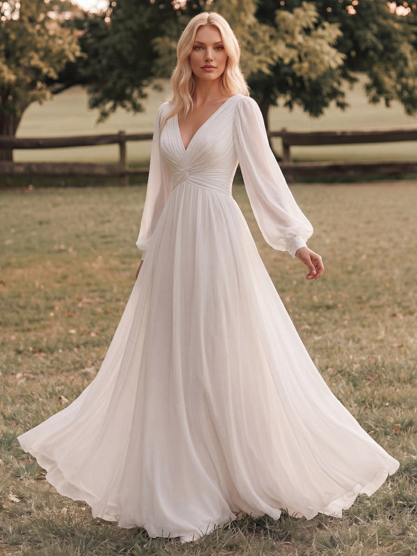 A-Line/Princess Wedding Dresses V-Neck Long Lantern Sleeves Floor Length Chiffon Dresses With Pleats/Sash/Bow/Back Zipper