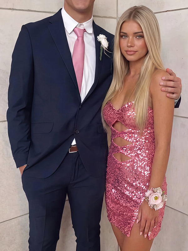 Sheath/Column Homecoming Dresses Strapless Sleeveless Short/Mini Sequin Party Dresses With Cutouts/Front Slit/Back Lace-Up