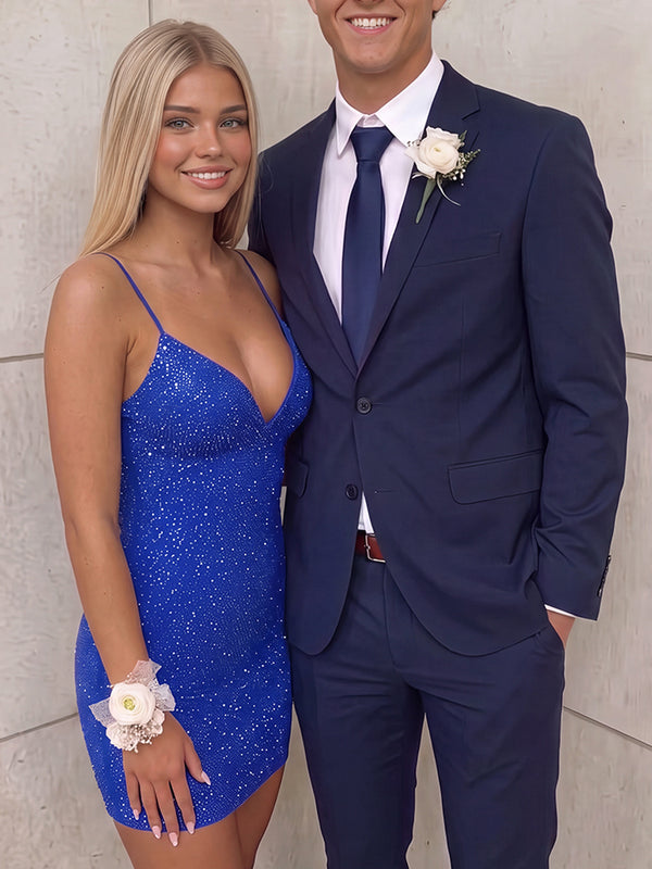 Sheath/Column Homecoming Dresses Sequin V-Neck Sleeveless Short/Mini Party Dresses With Pleats/Back Criss Cross Straps