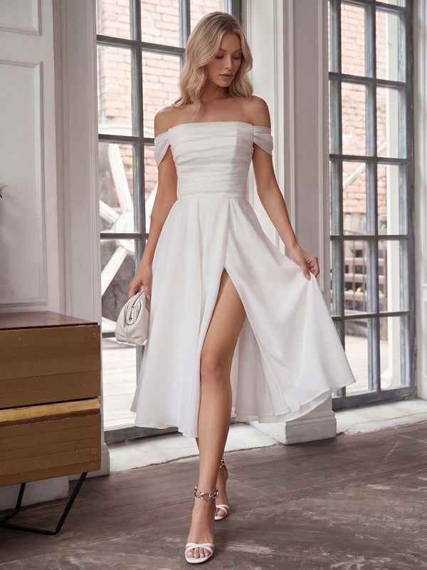 A-Line/Princess Wedding Dresses Off-the-Shoulder Sleeveless Tea Length Organza Dresses With Pleats/Front Split/Back Lace-Up