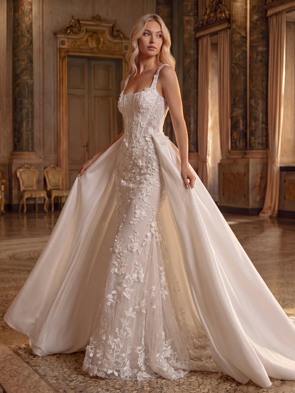 Trumpet/Mermaid Wedding Dresses Square Neck Sleeveless Detachable Watteau Train Elastic Satin Dresses With Appliques Lace/Back Zipper