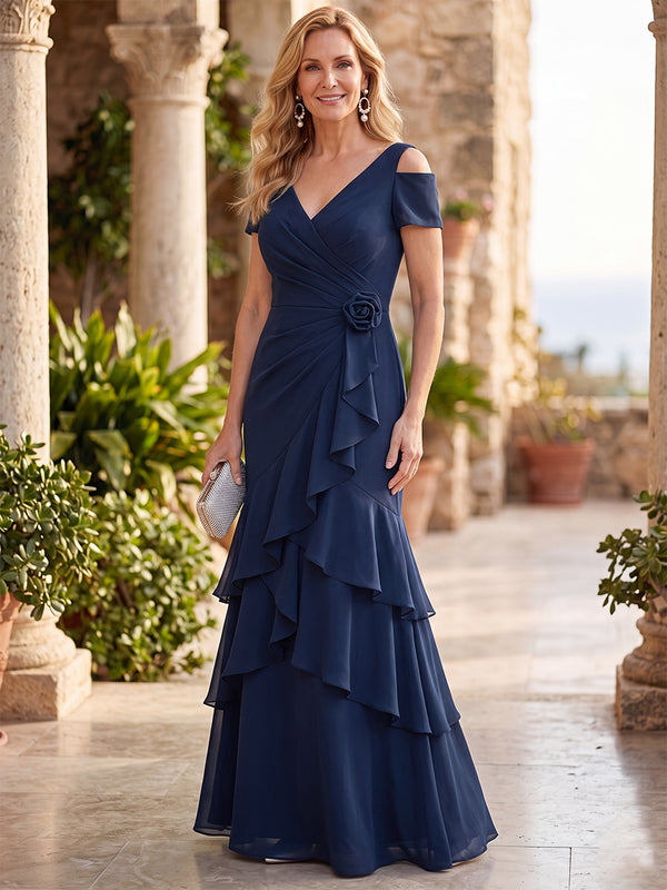 A-Line/Princess Mother Of The Bride Dresses V-Neck Short Sleeves Floor-Length Chiffon Formal Dresses With 3D Flower/Tiered Ruffles/Pleats/Back Zipper