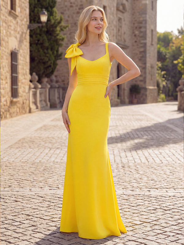 Sheath/Column Long Prom Dresses Satin Dresses Spaghetti Straps Sleeveless Floor-Length Formal Dresses With Pleats/Bow/Back Zipper