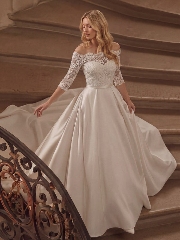 A-Line/Princess Wedding Dresses Off-the-Shoulder 3/4 Sleeves Court Train Satin Dresses With Lace/Pleats/Back Zipper
