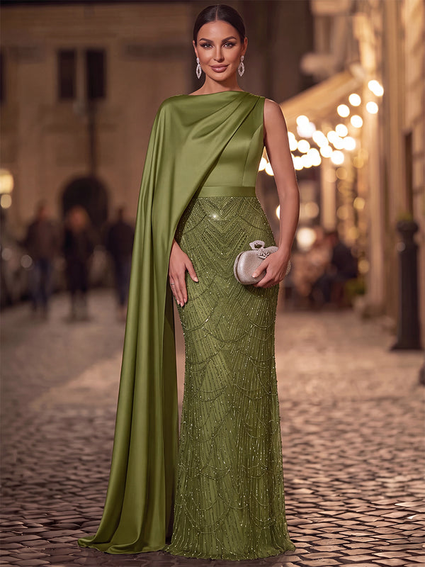 Sheath/Column Evening Dresses Stain/Sequin Dresses Scoop Neck Sleeveless Floor-Length With Beading/Pleats/Cape/Back Zipper