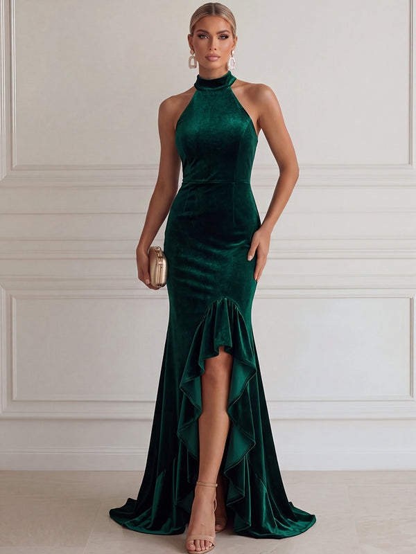Sheath/Column Evening Dresses Velvet Halter Sleeveless Floor-Length Dresses with Ruffles/Back Zipper