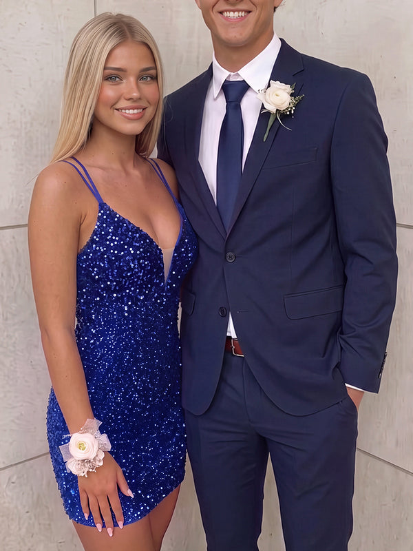 Sheath/Column Homecoming Dresses Spaghetti Straps&V-Neck Sleeveless Short/Mini Dresses Sequin Party Dresses With Back Criss Cross Straps