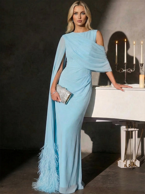 Sheath/Column Evening Dresses Scoop Neck Sleeveless Floor-Length Chiffon Formal Dresses With Feather Ruched