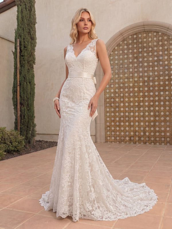 Trumpet/Mermaid Wedding Dresses V-Neck Sleeveless Sweep Train Tulle Dresses With Bow/Lace/Back Zipper