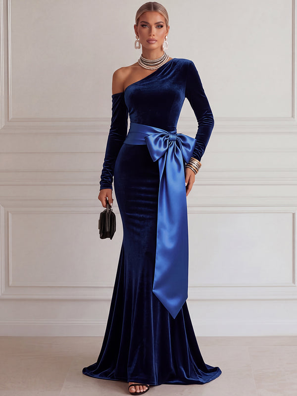 Trumpet/Mermaid Evening Dresses Velvet Satin One Shoulder Long Sleeves Floor-Length Dresses with Bow/Back Zipper