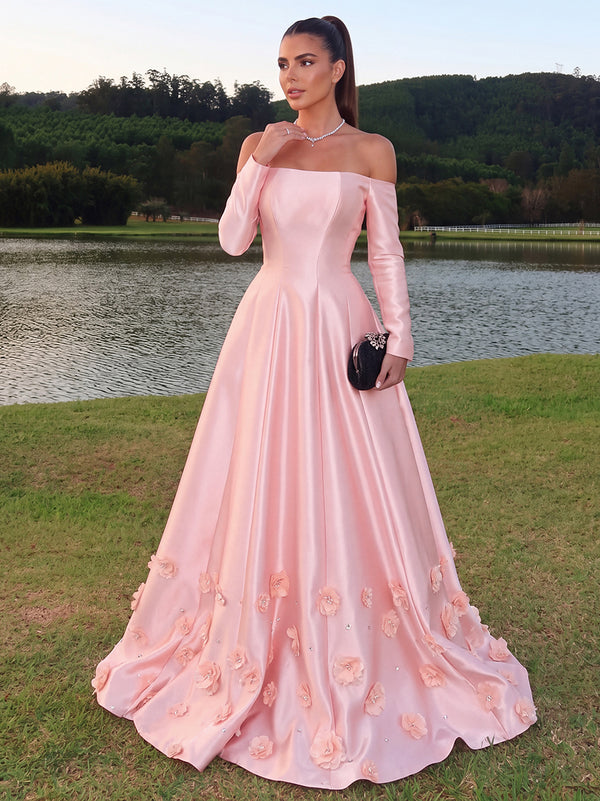 A-Line/Princess Evening Dresses Satin Off-the-Shoulder Long Sleeves Floor-Length With Flowers/Back Zipper