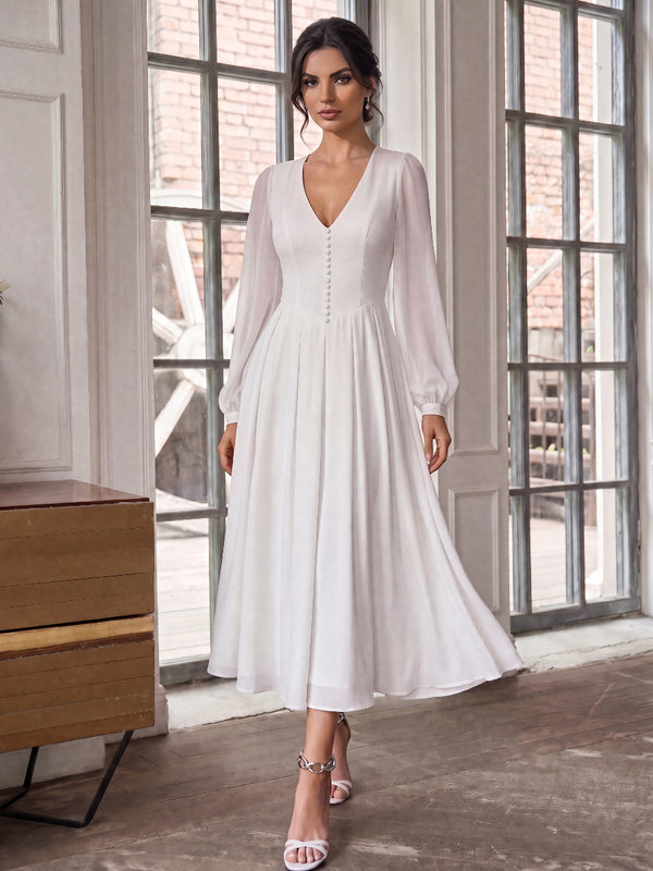 A-Line/Princess Wedding Dresses V-Neck Long Lantern Sleeves Tea Length Chiffon Dresses With Pleats/Back Zipper