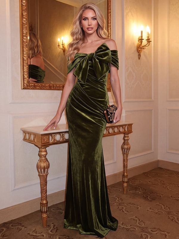 Sheath/Column Evening Dresses Velvet Off-the-Shoulder Sleeveless Floor-Length Formal Dresses with Bow/Back Zipper