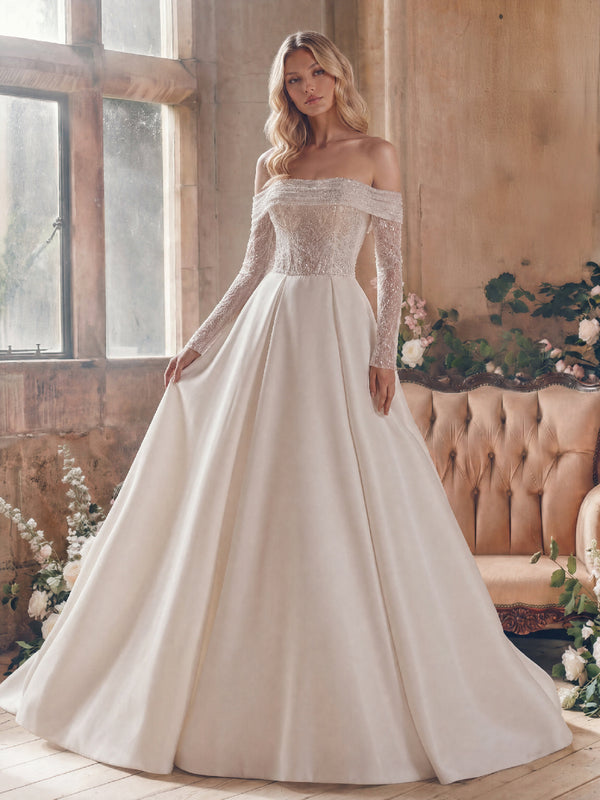 A-Line/Princess Wedding Dresses Off-the-Shoulder Long Sleeves Sweep Train Satin Dresses With Beading/Lace/Pleats/Back Zipper