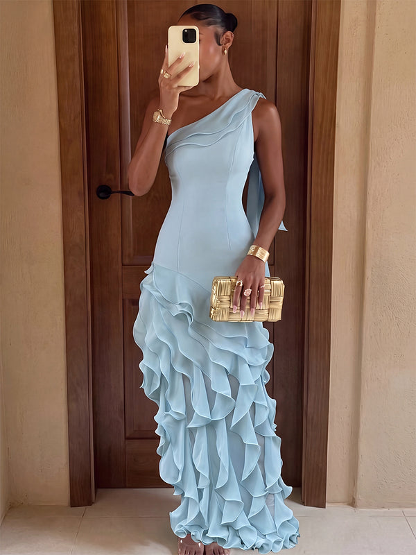 Sheath/Column Evening Dresses One-Shoulder Sleeveless Floor-Length Chiffon Dresses With Ruffles/Pleats/Back Zipper