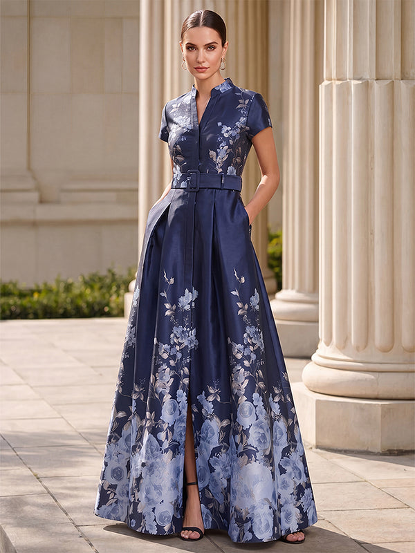 A-Line/Princess Mother of the Bride Dresses/Floral Dresses V-Neck Short Sleeves Floor Length Elegant Satin Formal Dresses/Floral Printed Dresses With Front Split/Belt/Pocket/Back Zipper/Pleated