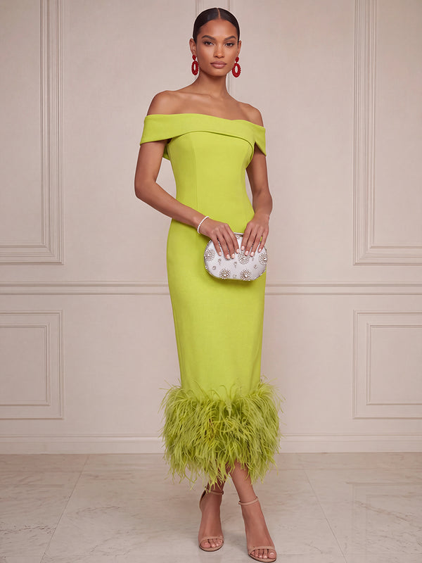Sheath/Column Cocktail Dresses Off-the-Shoulder Sleeveless Tea-Length Satin Dresses With Feathers/Back Zipper