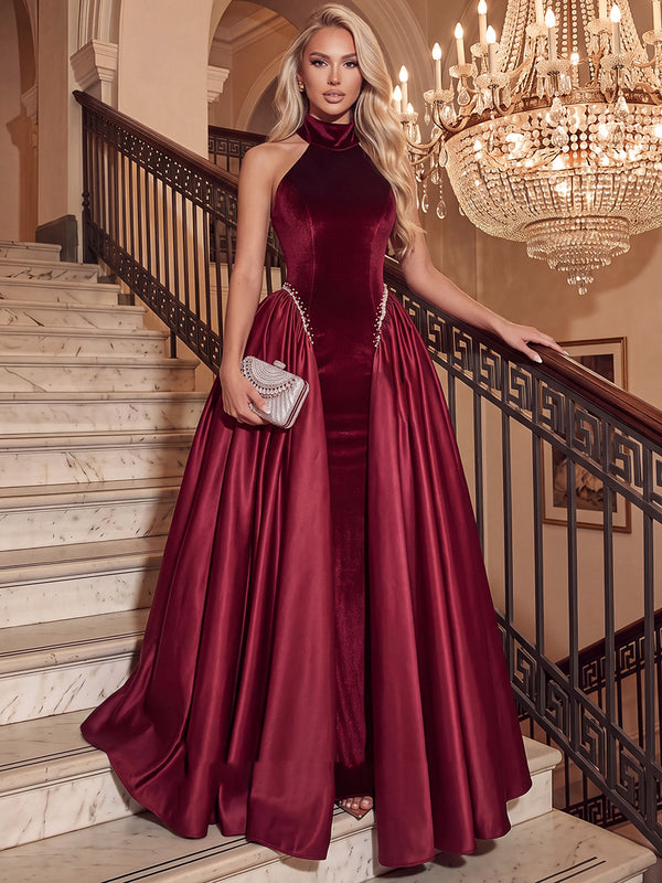 A-Line/Princess Evening Dresses Velvet Halter Sleeveless Floor-Length Formal Dresses with Beaded/Back Zipper
