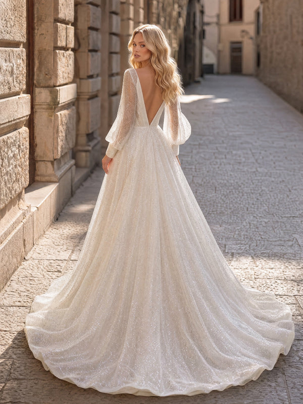 A-Line/Princess Wedding Dresses V-Neck Long Lantern Sleeves Court Train Chiffon Dresses With Front Split/Pleats/Beading/Back Zipper