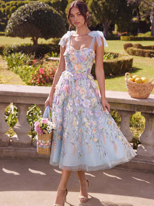 A-Line/Princess Cocktail Dresses Floral Dresses Square Neck Sleeveless Tea-Length Tulle Dresses With Flower Appliques/Back Zipper
