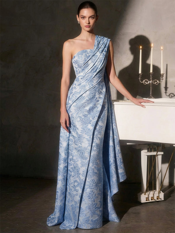 Sheath/Column Evening Dresses One-Shoulder Sleeveless Floor-Length Floral Formal Dresses With Floral Print Ruffles