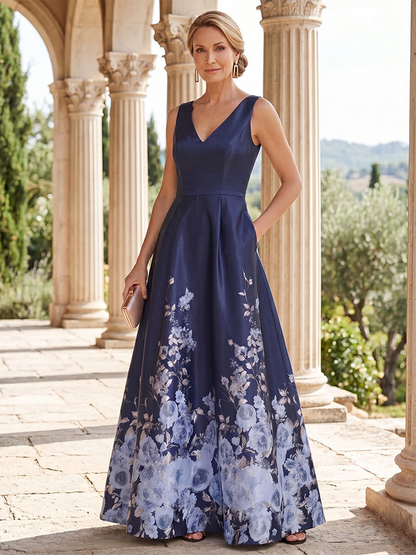 A-Line/Princess Mother of the Bride Dresses/Floral Dresses V-Neck Sleeveless Floor Length Satin Formal Dresses/Floral Printed Dresses With Pocket/Pleated/Back Zipper