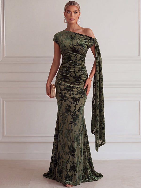 Sheath/Column Evening Dresses Velvet One-Shoulder Sleeveless Floor-Length Dresses with Floral/Back Zipper