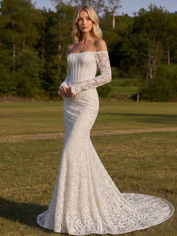 Trumpet/Mermaid Wedding Dresses Off-the-Shoulder Long Sleeves Sweep Train Tulle Dresses With Lace/Corset/Back Lace-Up