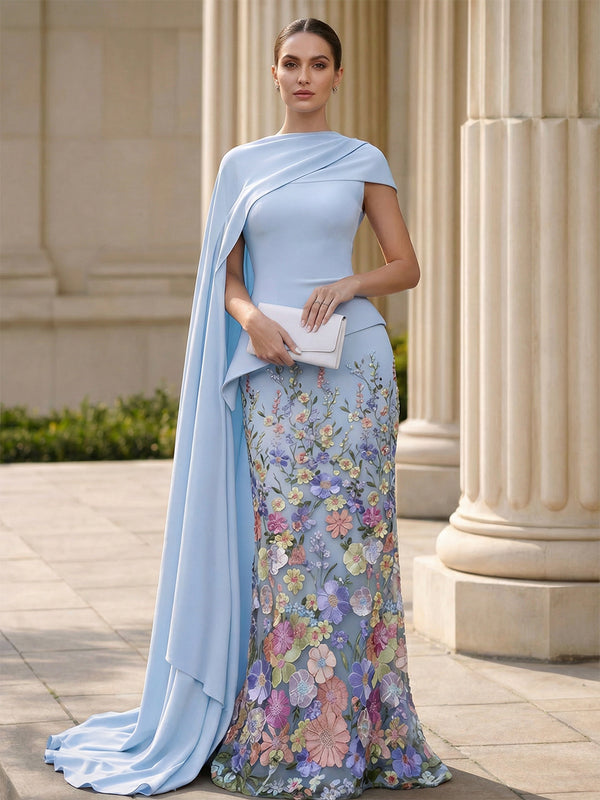 Sheath/Column Evening Dresses Scoop Neck Short Sleeves Floor-Length Floral Stretch Formal Dresses With Cowl Back Floral Print