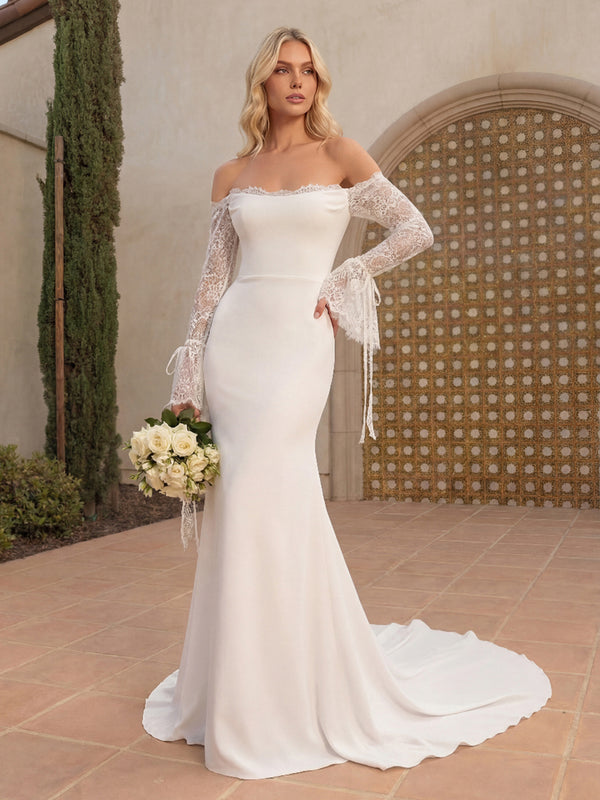 Trumpet/Mermaid Wedding Dresses Strapless Off-the-Shoulder Long Sleeves Chapel Train Chiffon Dresses With Lace/Bow/Back Zipper