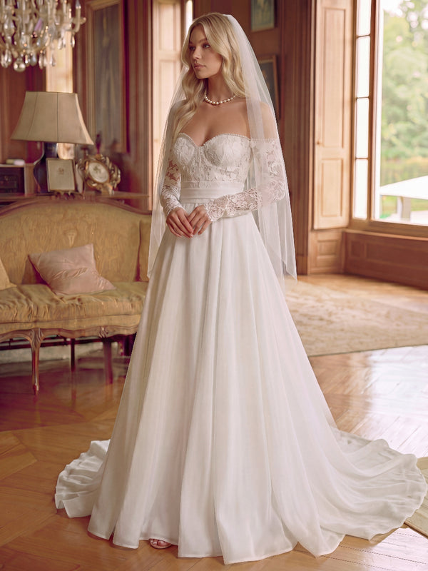 A-Line/Princess Wedding Dresses Sweetheart Long Sleeves/Detachable Sleeves Court Train Chiffon Dresses With Lace/Pleats/Back Zipper