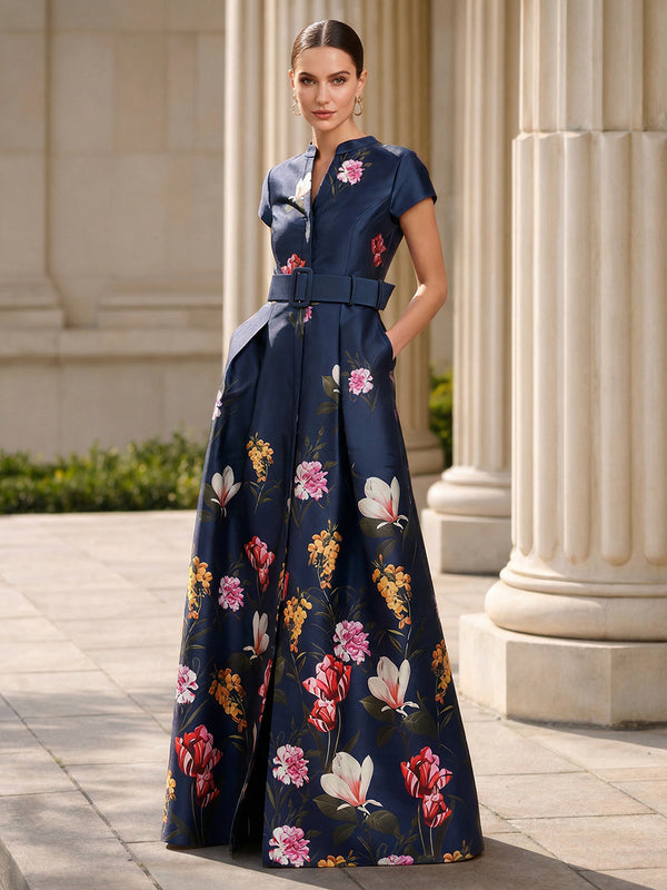 A-Line/Princess Evening Dresses V Neck Short Sleeves Floor-Length Floral Mother Of The Bride Formal Wedding Guest Dresses With Floral Print/Belt