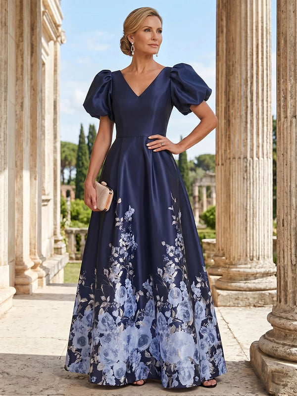 A-Line/Princess Mother of the Bride Dresses/Floral Dresses V-Neck Short Sleeves Floor Length Satin Formal Dresses/Floral Printed Dresses With Pleated/Back Zipper