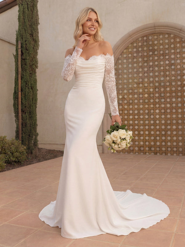 Trumpet/Mermaid Wedding Dresses Sweetheart Off-the-Shoulder Long Sleeves Chapel Train Chiffon Dresses With Lace/Pleats/Back Zipper