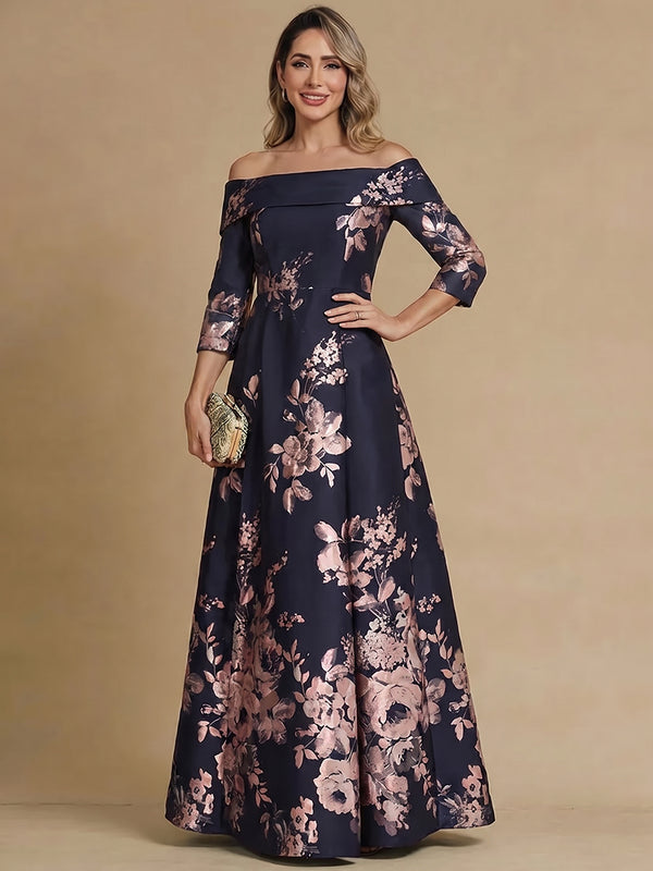 A-Line/Princess Mother of the Bride Dresses/Floral Dresses Jacquard Dresses Off-the-Shoulder 3/4 Sleeves Floor Length Elegant Formal Dresses With Back Zipper/Pleats
