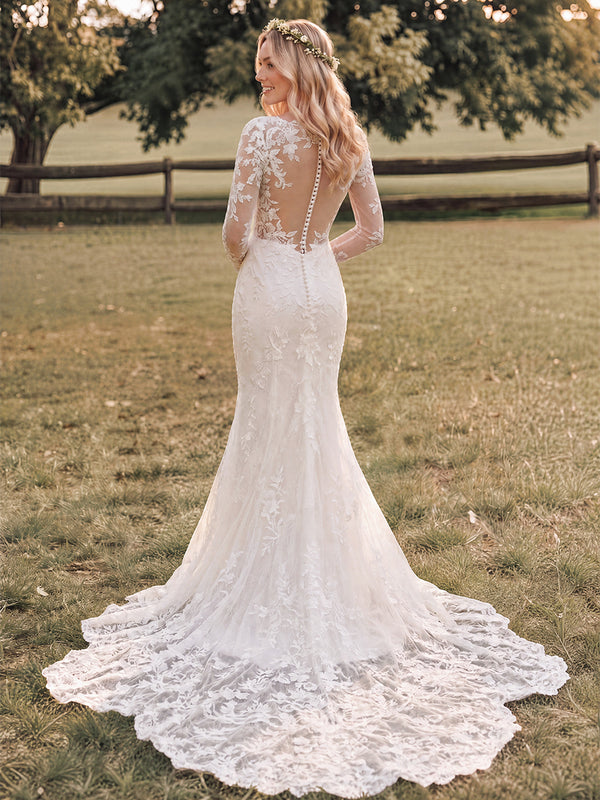 Trumpet/Mermaid Wedding Dresses V-Neck Long Sleeves Court Train Tulle Dresses With Appliques Lace/Back Zipper