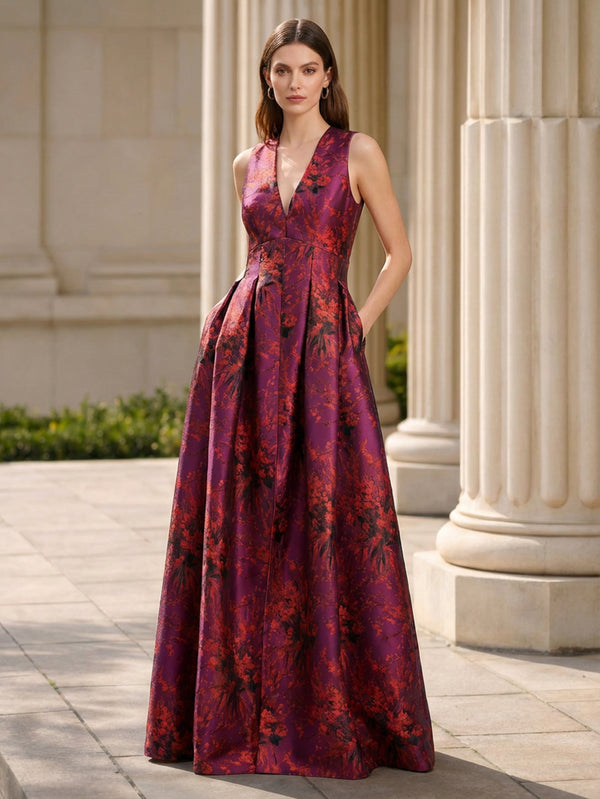 A-Line/Princess Evening Dresses V Neck Sleeveless Floor-Length Floral Mother Of The Bride Dresses/Formal Dresses With Floral Print/Back Zipper